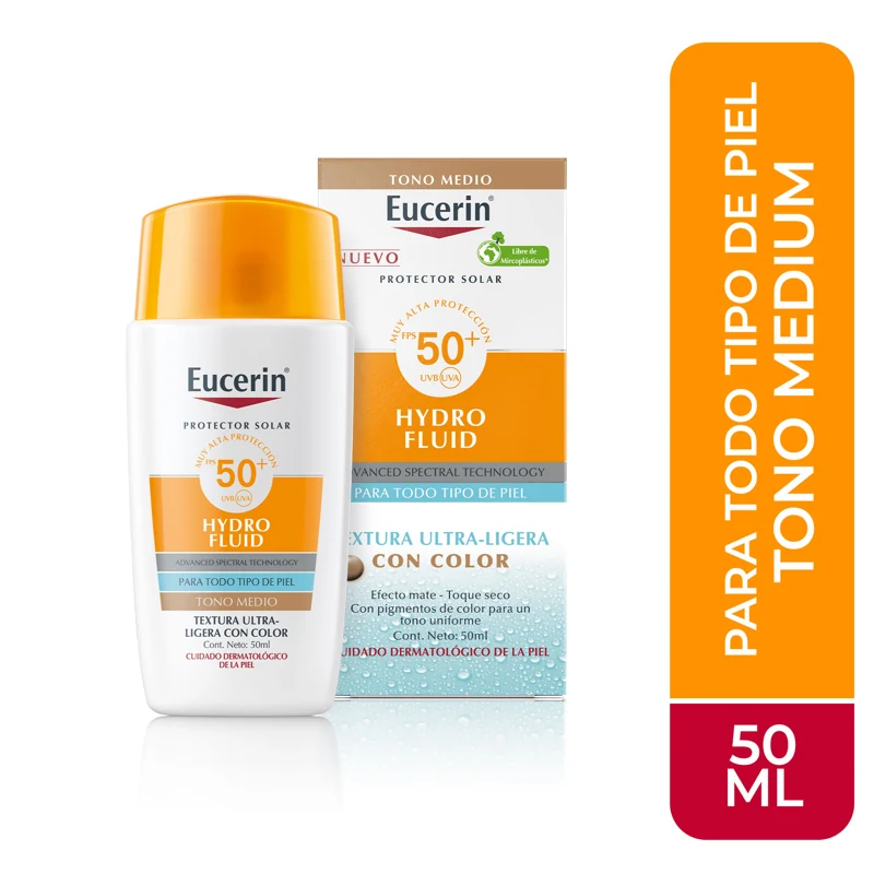 EUCERIN BLOQUEADOR FACIAL CON COLOR FPS 50+ X 50 ML HYDRO FLUID TONO MEDIO